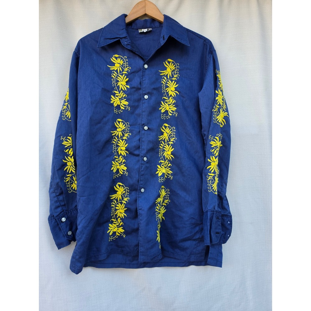 Principe Shirt Mens L Vintage Mexican Embroidered Floral Long Sleeve Blue Yellow